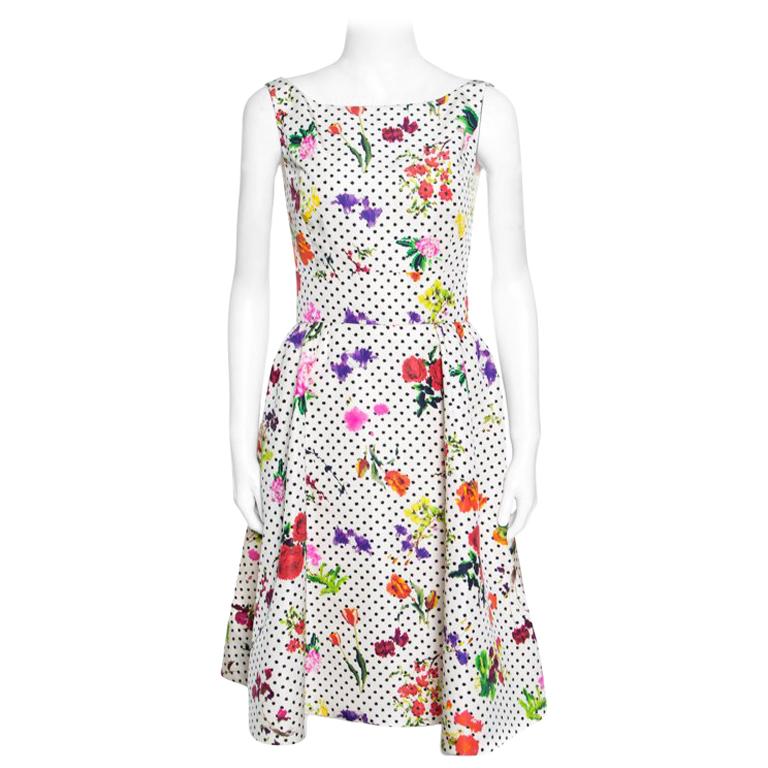 Oscar de la Renta Botanical Dot Printed Silk Sleeveless Dress S