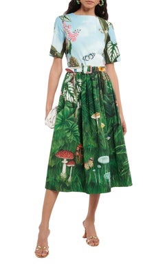 Oscar de la Renta Botanical Forest Print Stretch Poplin Midi Dress Size US 8