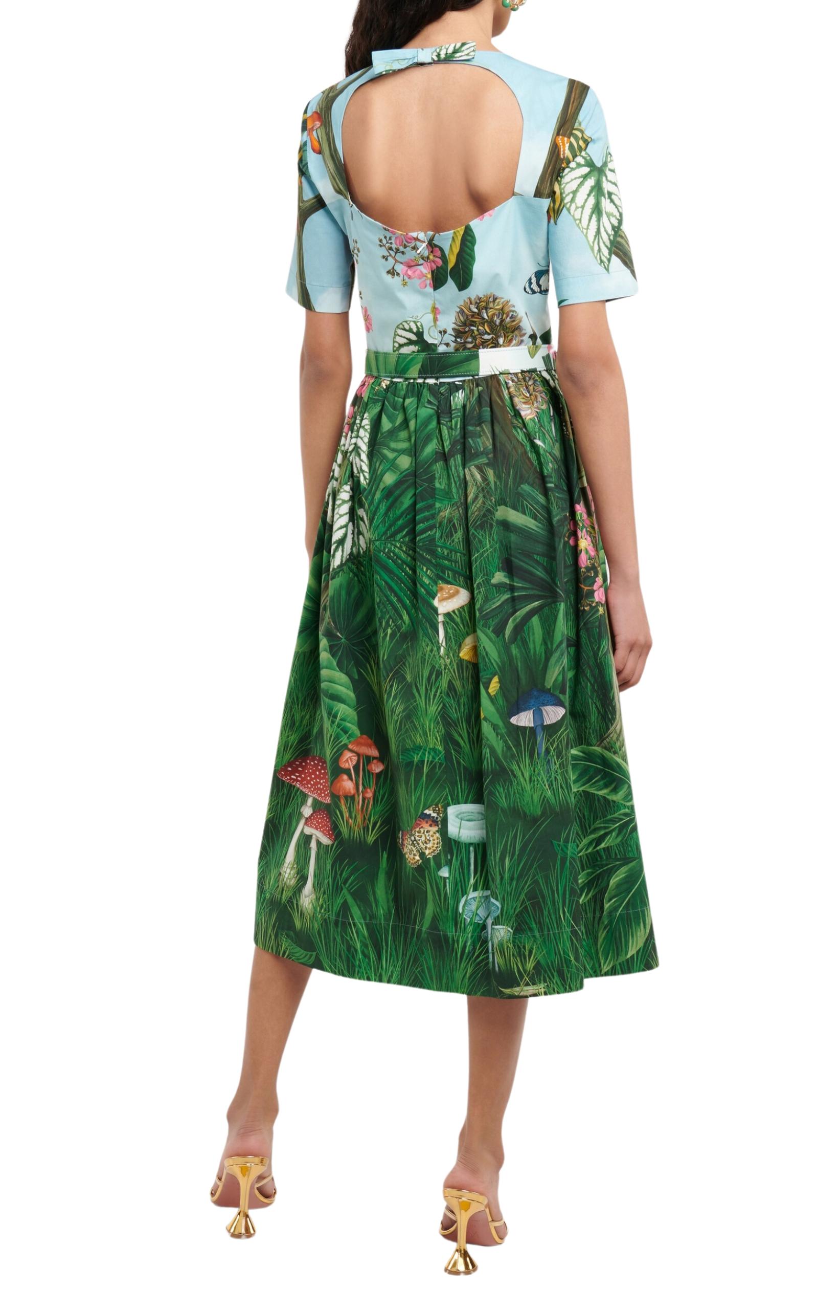 Noir Robe midi Oscar de la Renta imprimé forêt botanique en popeline extensible taille US 8 en vente
