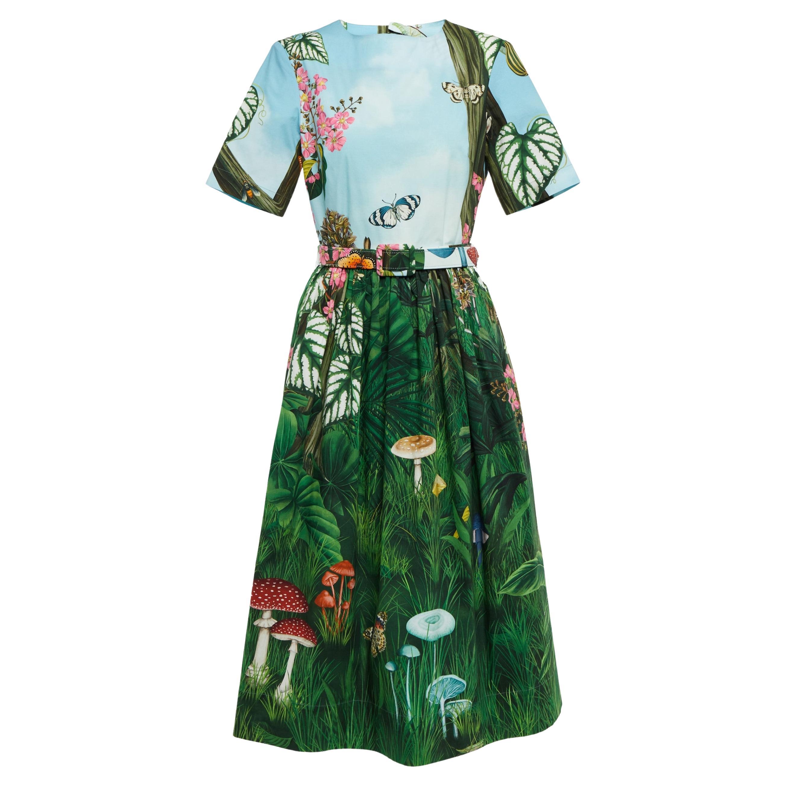 Robe midi Oscar de la Renta imprimé forêt botanique en popeline extensible taille US 8 en vente