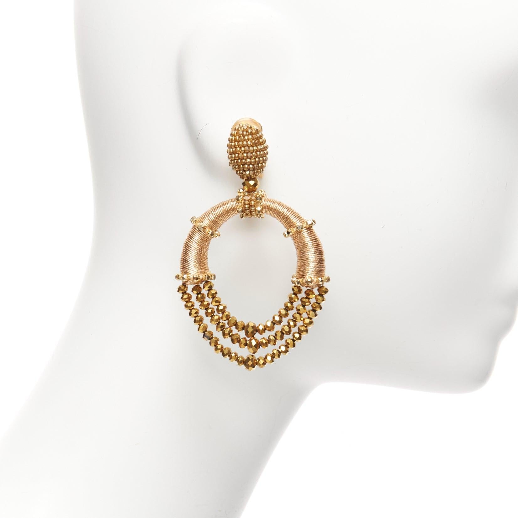 OSCAR DE LA RENTA bronze gold beaded coil big hoop dangling clip on earrings For Sale 1