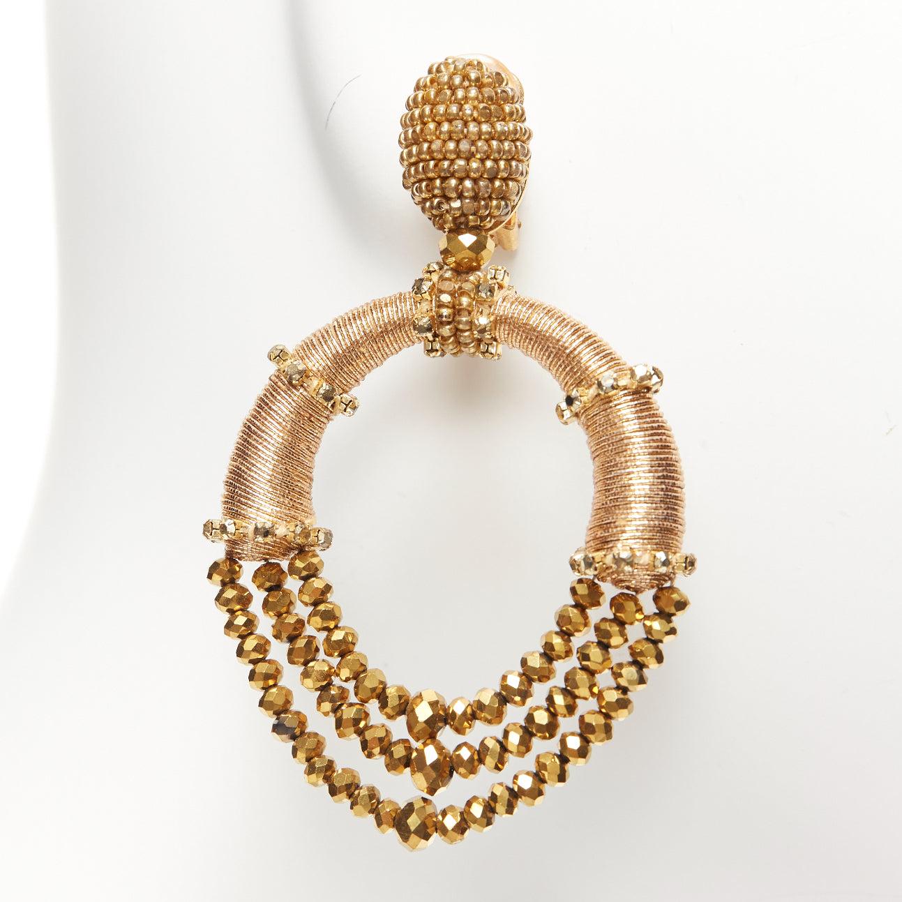 OSCAR DE LA RENTA bronze gold beaded coil big hoop dangling clip on earrings For Sale 2
