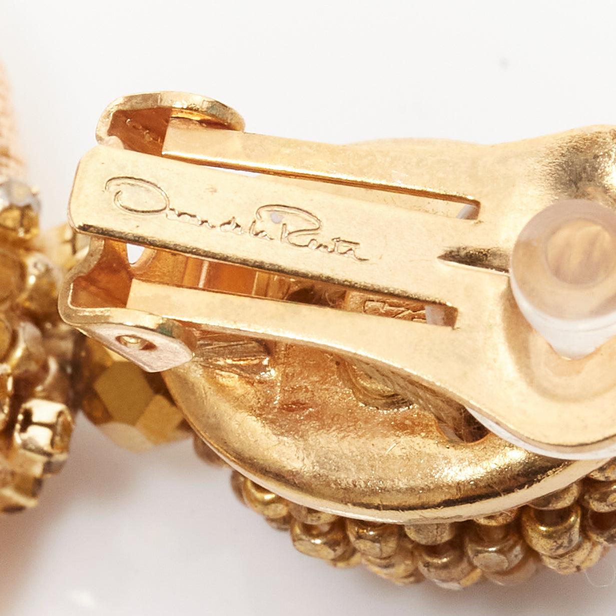 OSCAR DE LA RENTA bronze gold beaded coil big hoop dangling clip on earrings For Sale 3