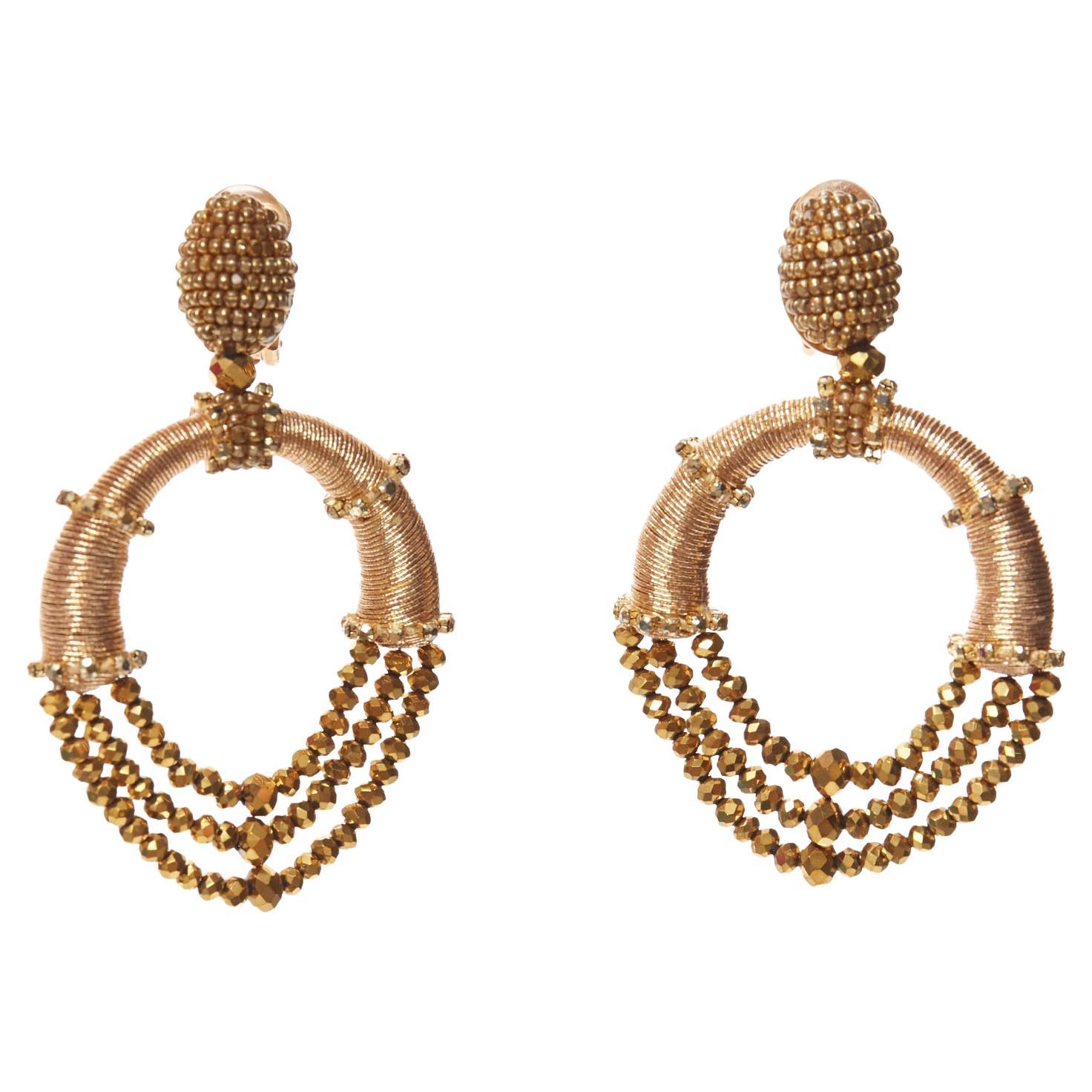 OSCAR DE LA RENTA bronze gold beaded coil big hoop dangling clip on earrings For Sale