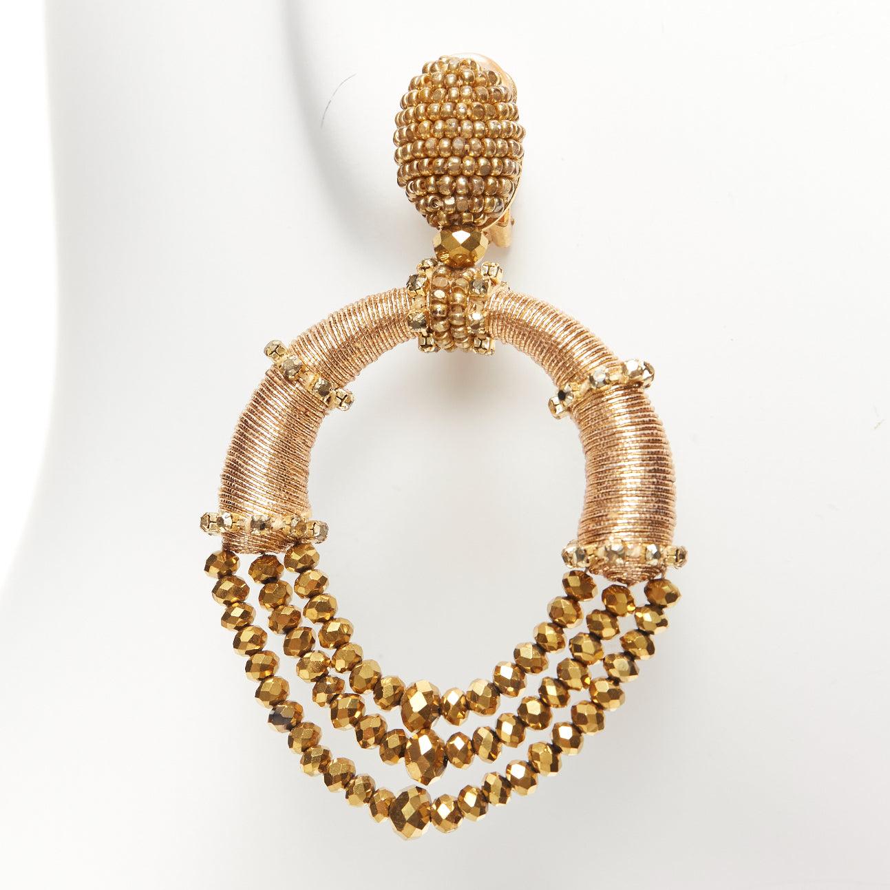 OSCAR DE LA RENTA bronze gold beaded coil hoop dangling clip on earrings pair For Sale 2