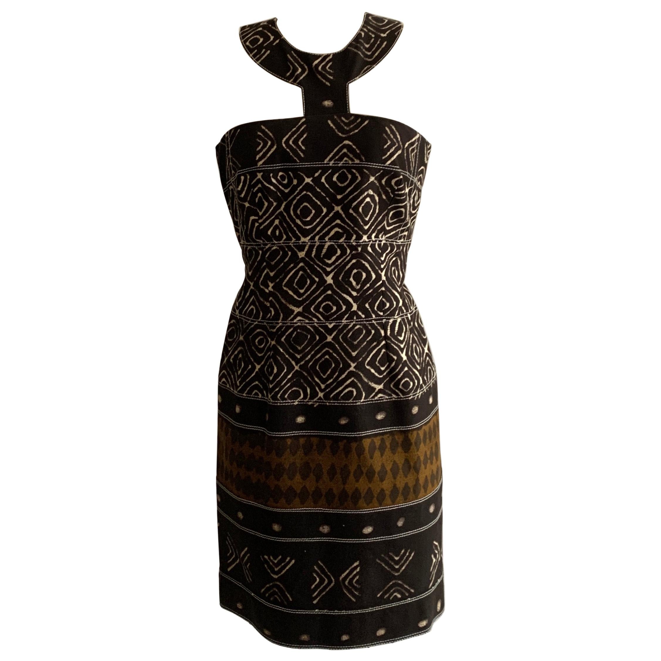 Oscar de la Renta Runway Brown and Ivory Tribal Print Dress with Halter Collar For Sale