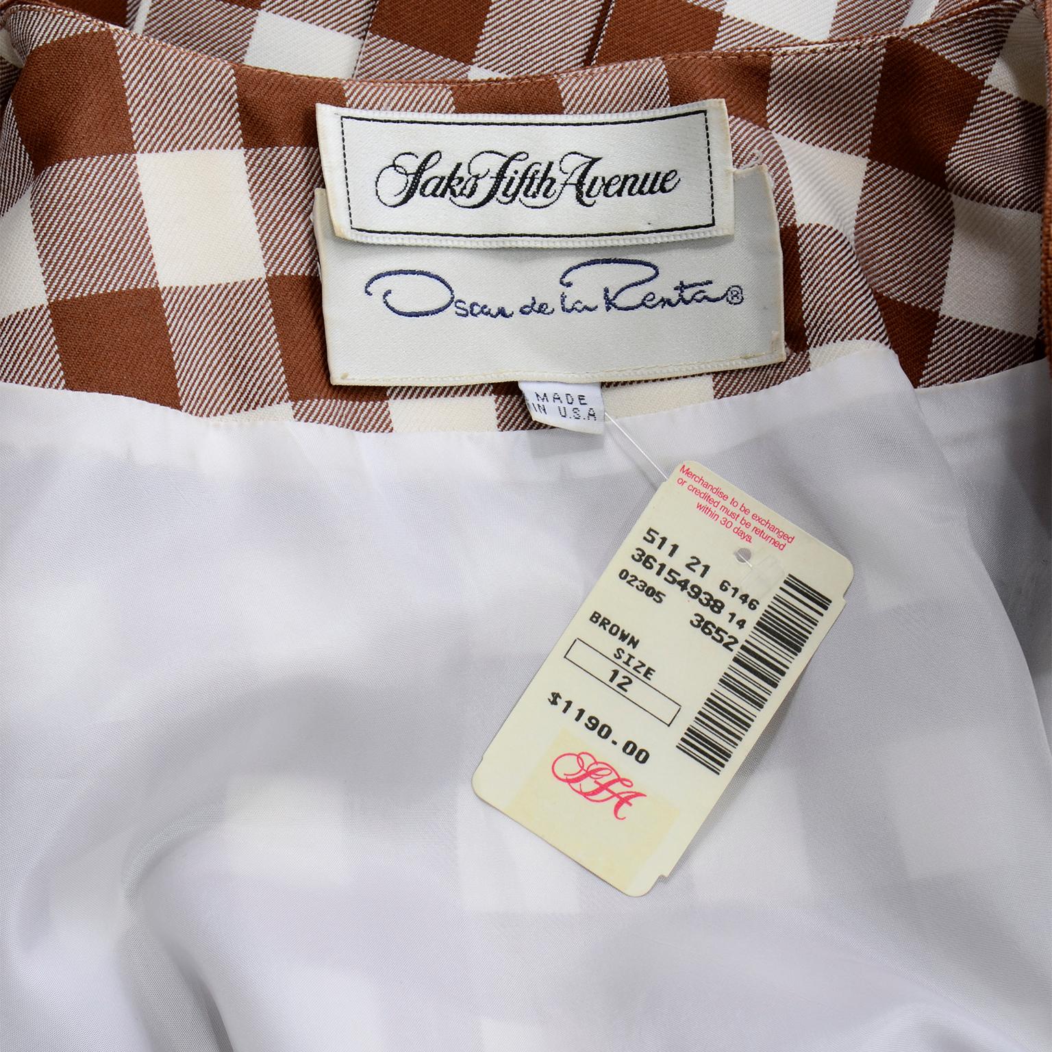 Oscar de la Renta Brown and White Check Dress New With Original Tags For Sale 2