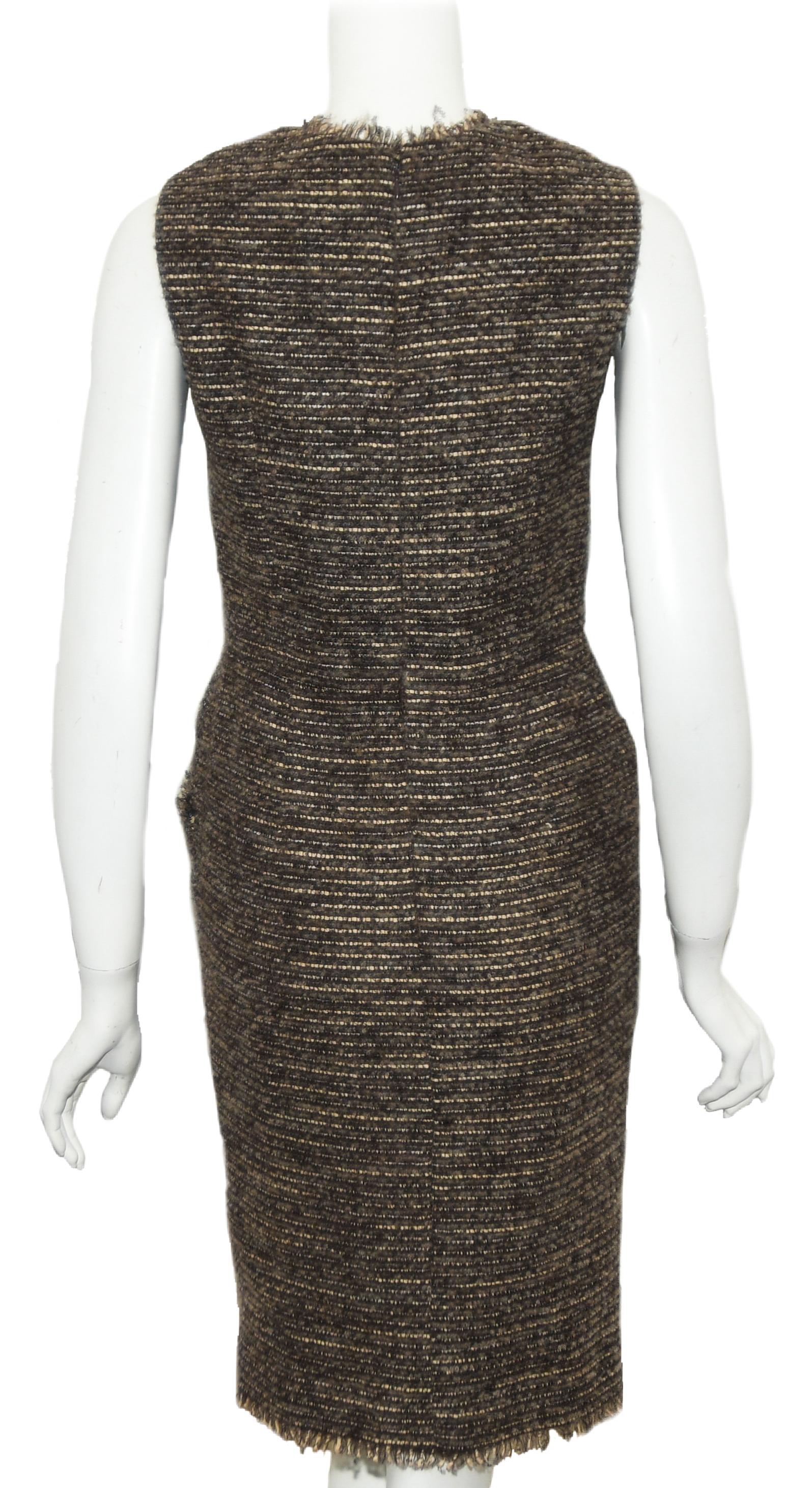 Black Oscar de la Renta Brown & Beige Sleeveless Wool Tweed Sheath Dress Size 6 US  For Sale