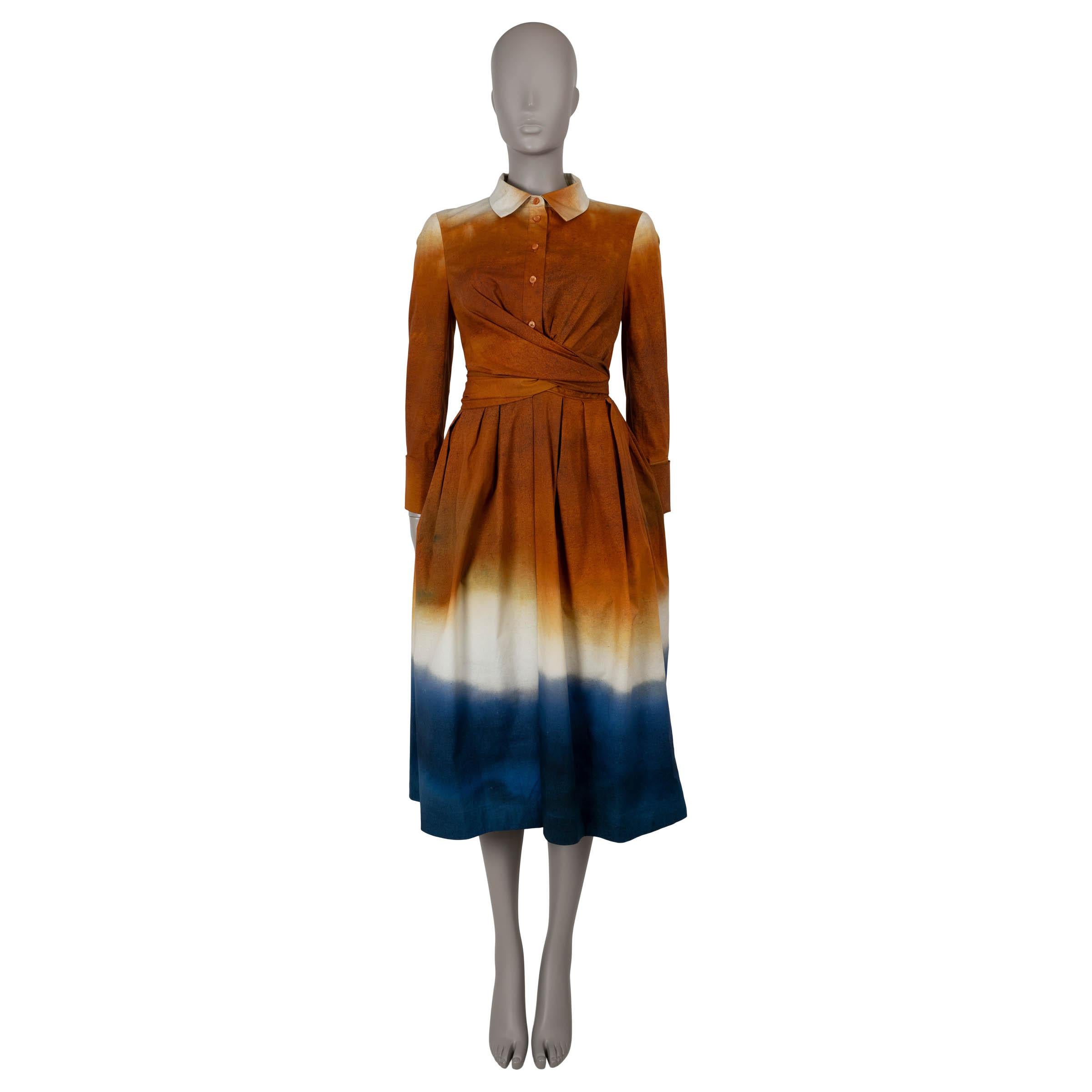 OSCAR DE LA RENTA brown blue 2024 OMBRE WRAP POPLIN MIDI Dress 2 XS In Excellent Condition For Sale In Zürich, CH