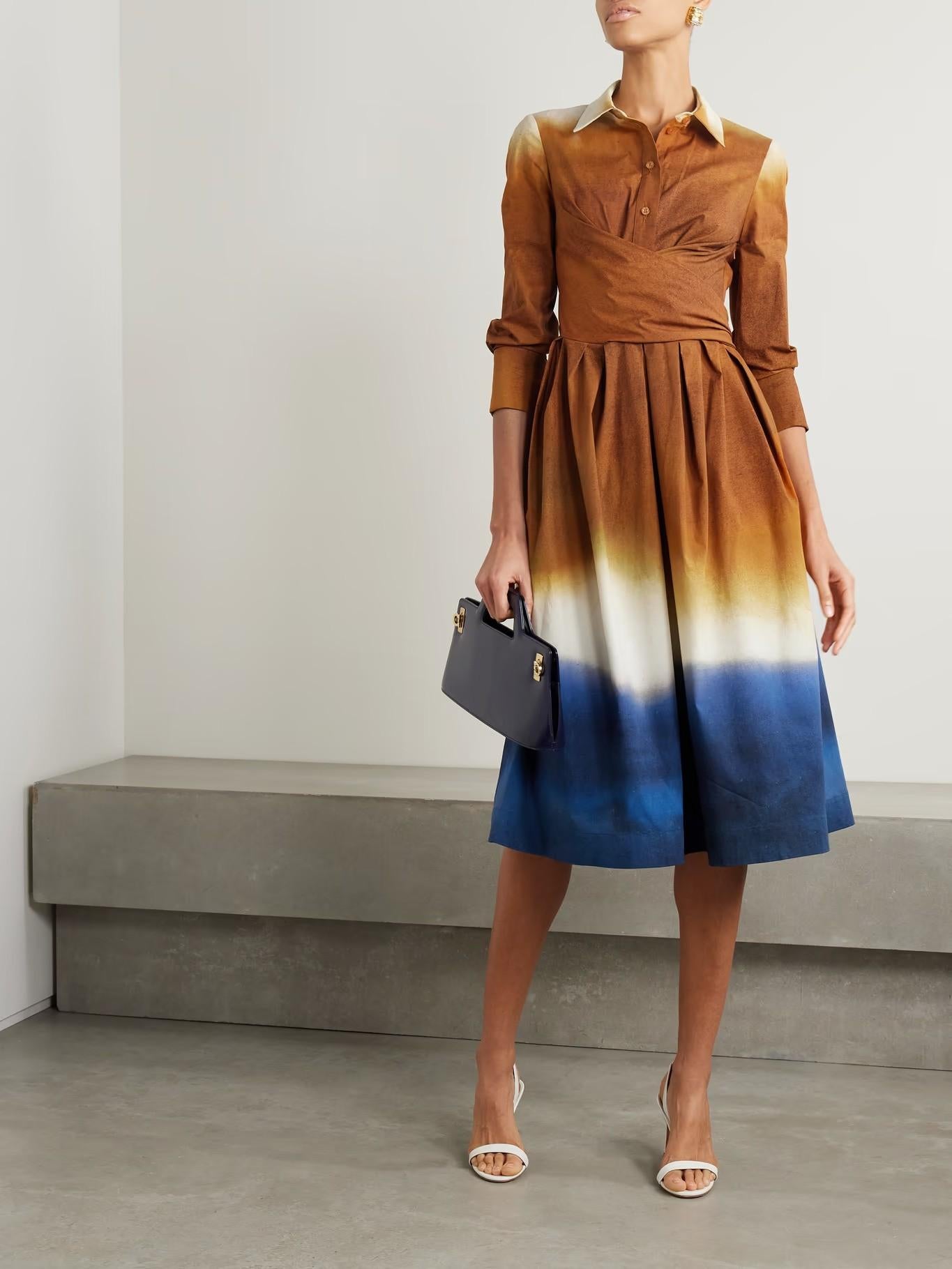OSCAR DE LA RENTA brown blue 2024 OMBRE WRAP POPLIN MIDI Dress 2 XS For Sale 4
