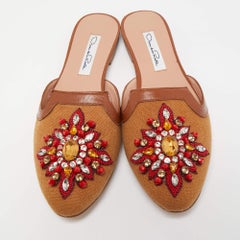 Oscar de la Renta Brown Canvas and Leather Spanish Embellished Flat Mules Size 3