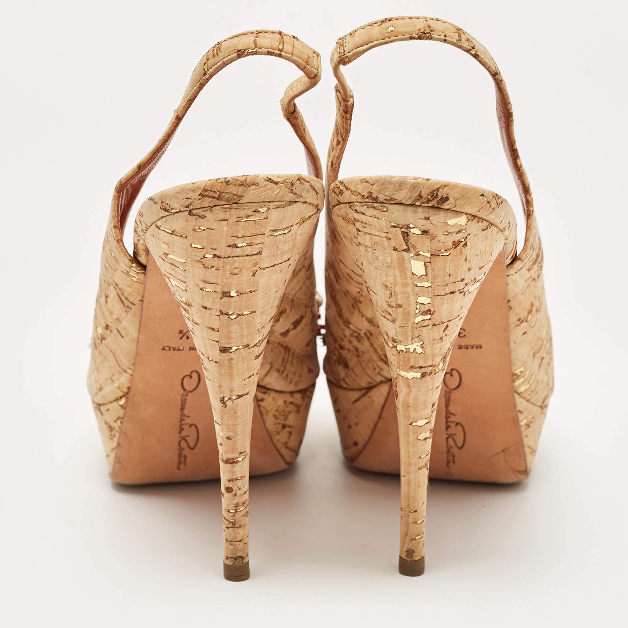 Women's Oscar De La Renta Brown Cork Embellished Slingback Platform Pumps Size 37.5 For Sale
