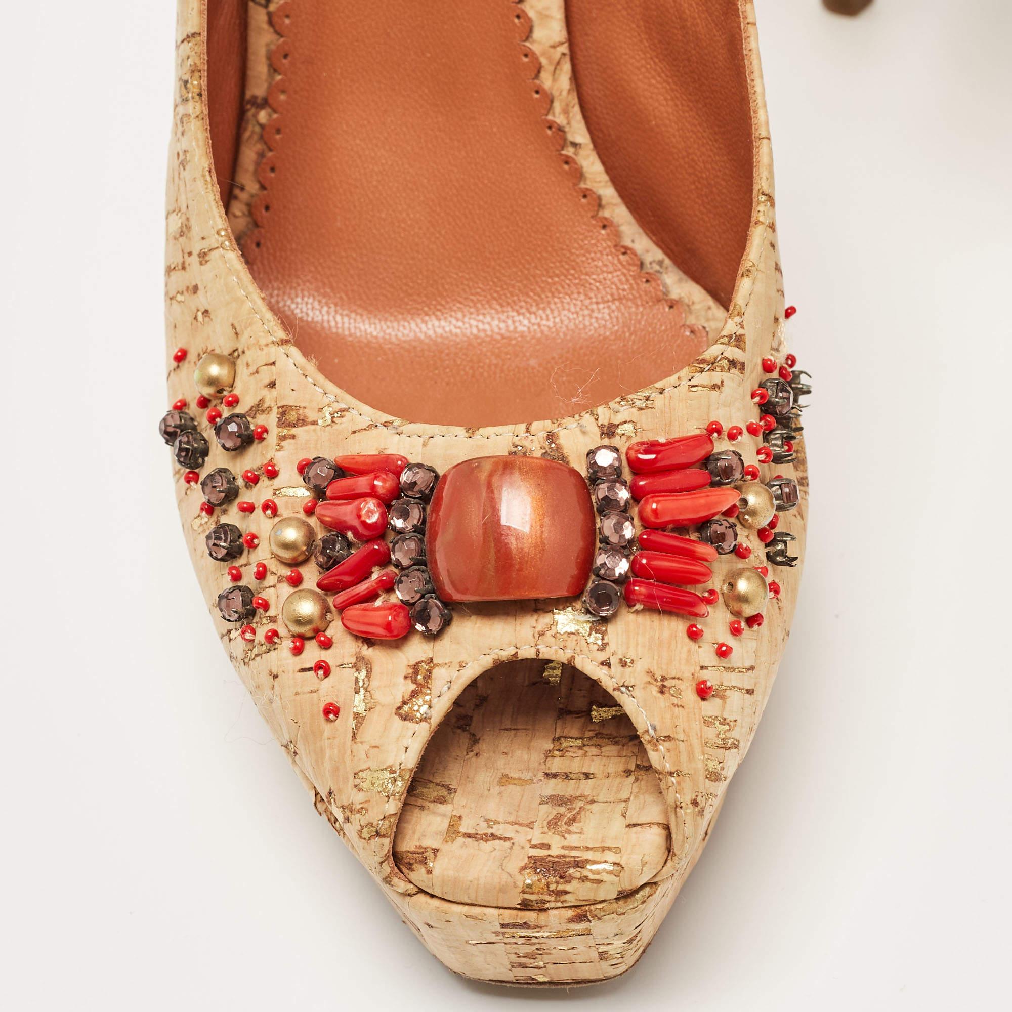 Oscar De La Renta Brown Cork Embellished Slingback Platform Pumps Size 37.5 For Sale 2