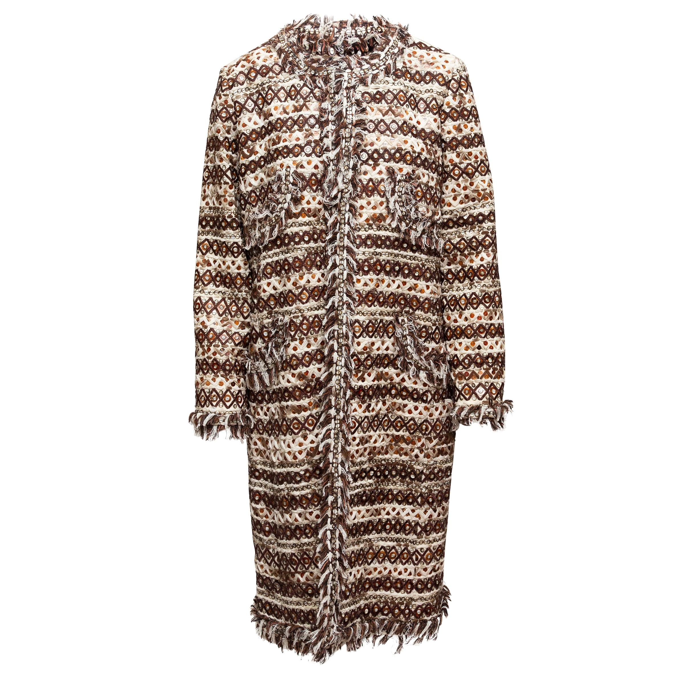 Oscar de la Renta Brown & Cream Textured Embellished Coat
