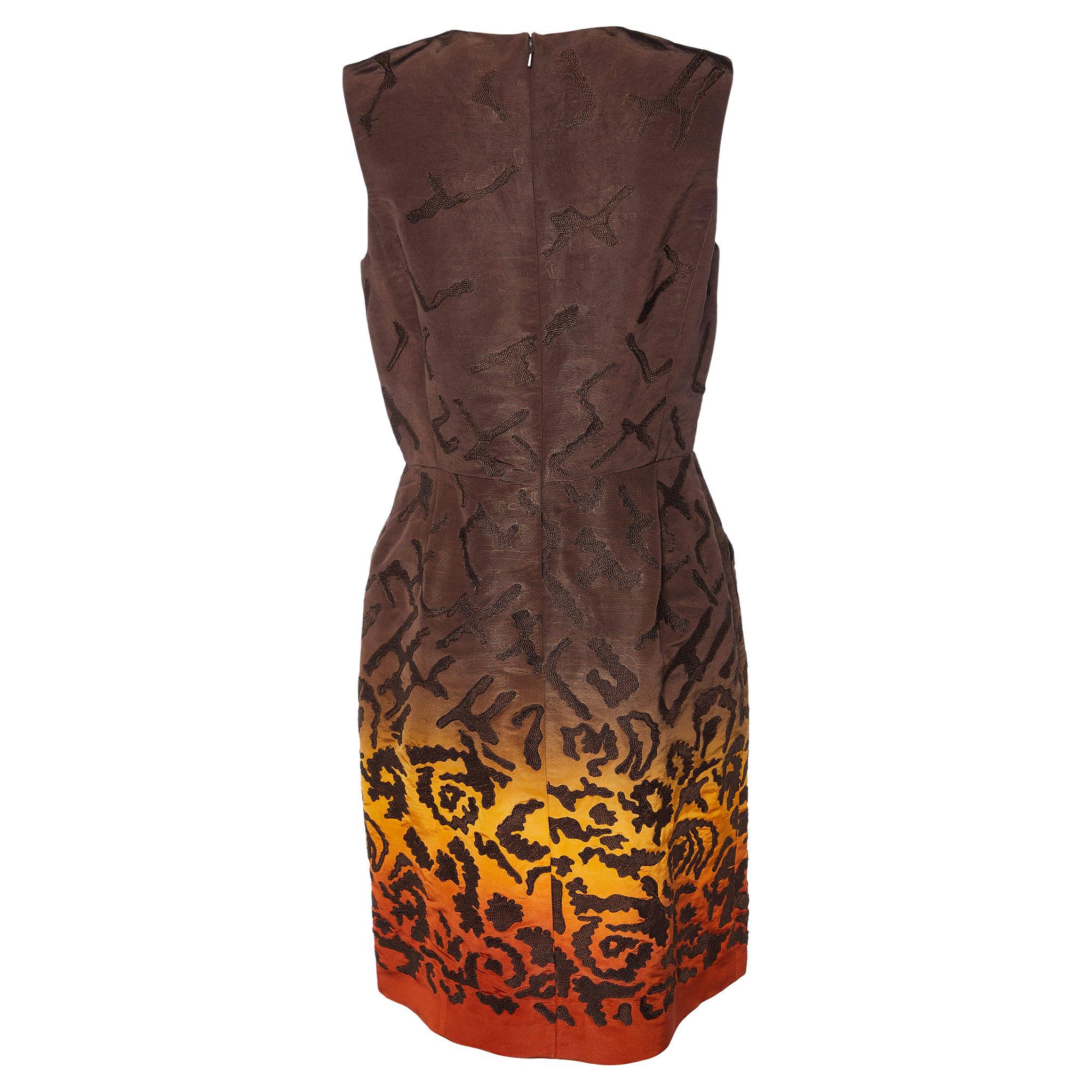 Oscar de la Renta Brown Embroidered Silk Knee-Length Dress L In Good Condition For Sale In Dubai, Al Qouz 2