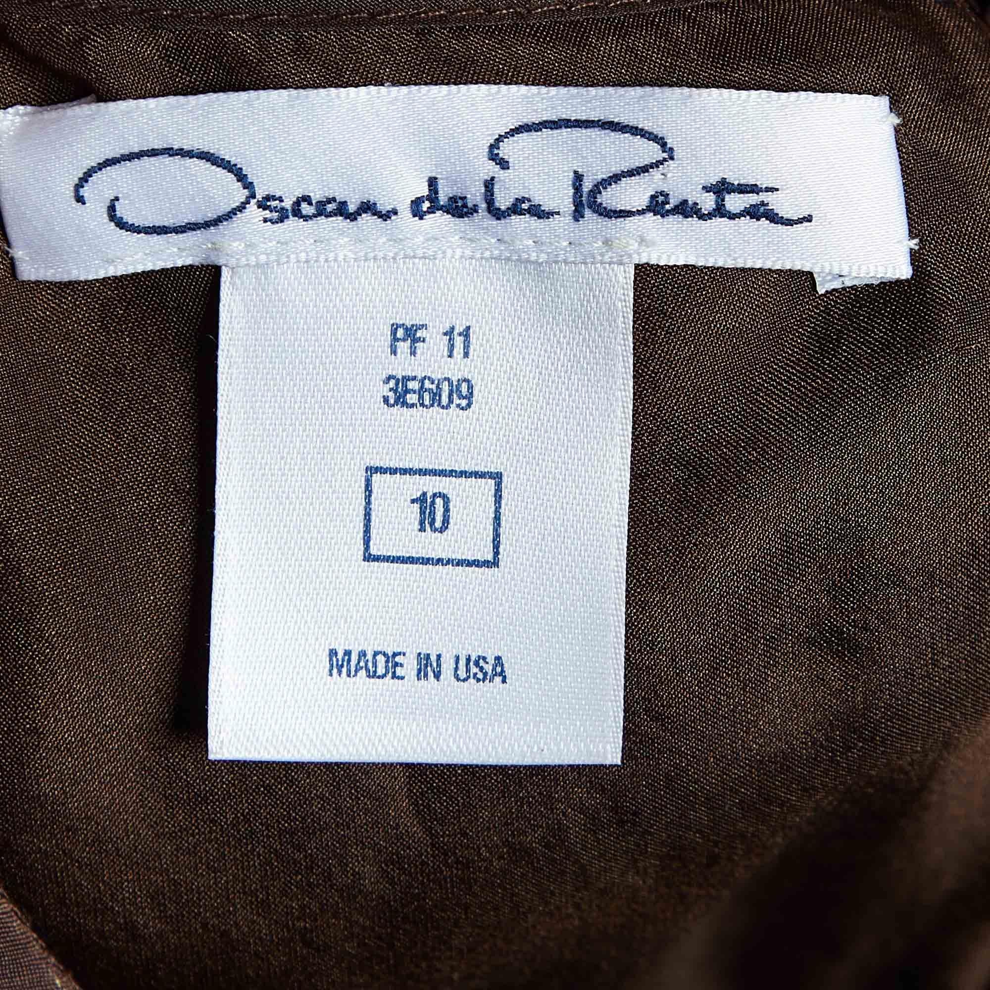 Oscar de la Renta Brown Embroidered Silk Knee-Length Dress L 2