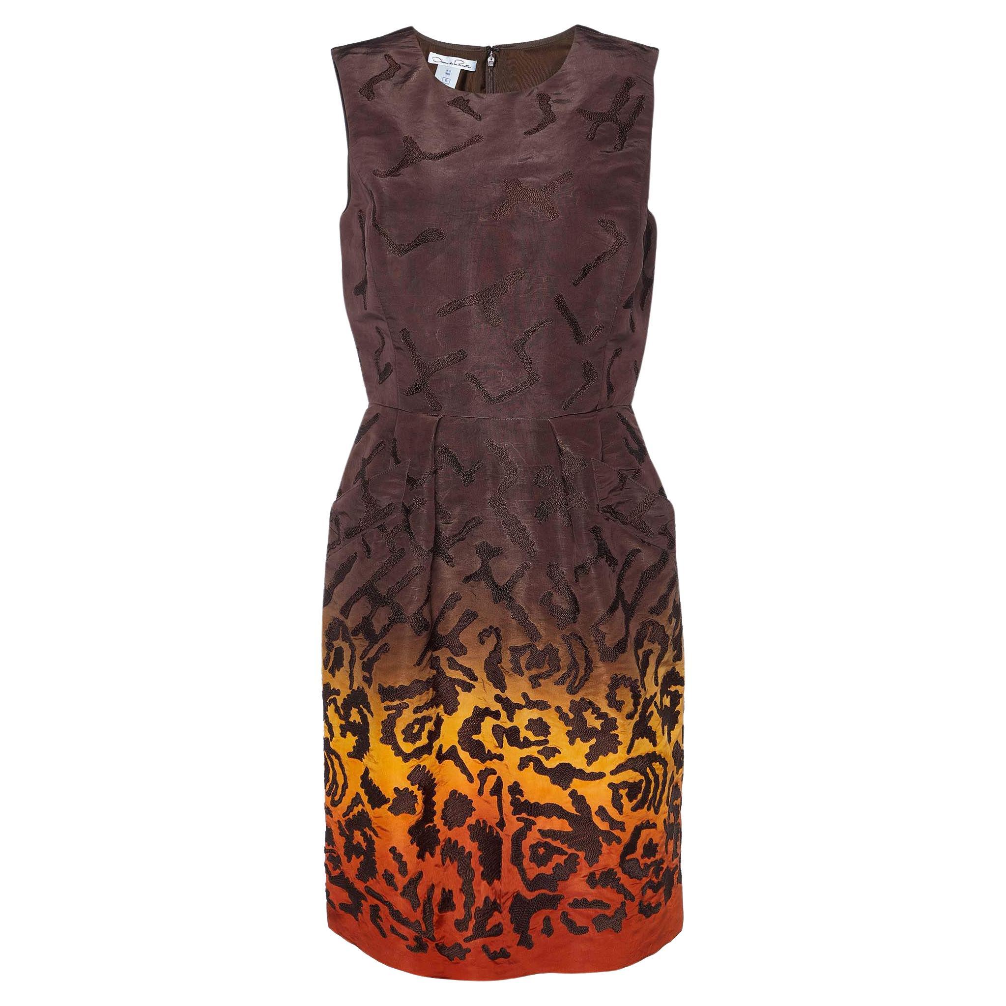 Oscar de la Renta Brown Embroidered Silk Knee-Length Dress L