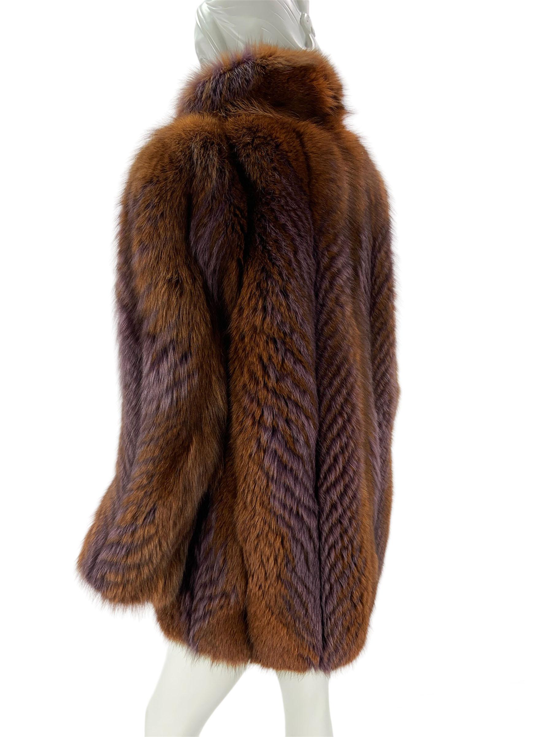 Oscar de la Renta Brown Fox Fur with Purple Feather Print Jacket Coat For Sale 1