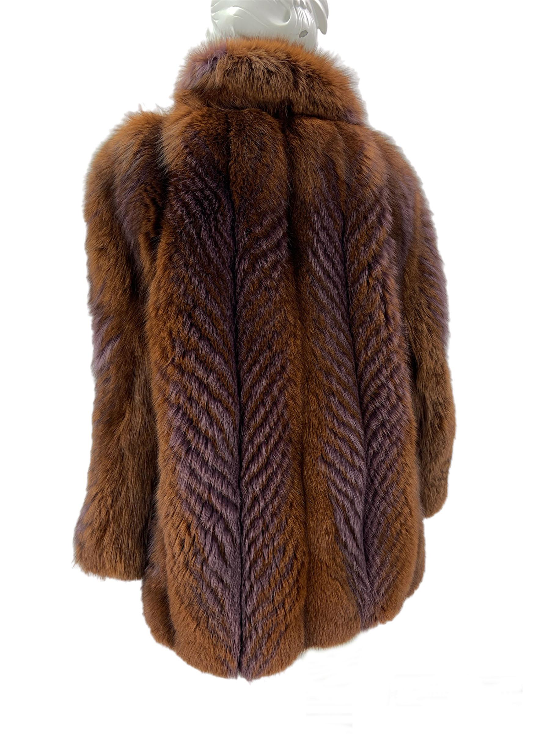 Oscar de la Renta Brown Fox Fur with Purple Feather Print Jacket Coat For Sale 2