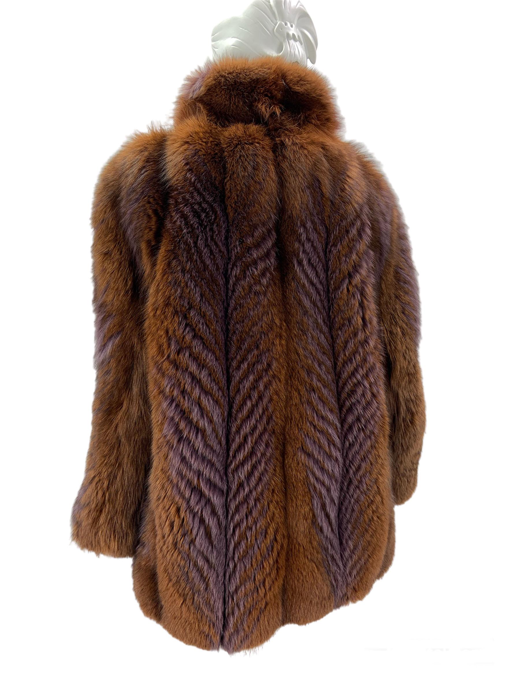 Oscar de la Renta Brown Fox Fur with Purple Feather Print Jacket Coat For Sale 3