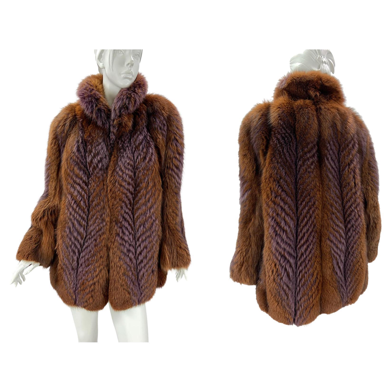 Oscar de la Renta Brown Fox Fur with Purple Feather Print Jacket Coat For Sale