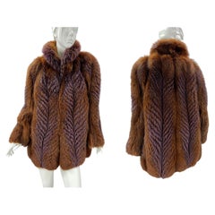 Oscar de la Renta Brown Fox Fur with Purple Feather Print Jacket Coat