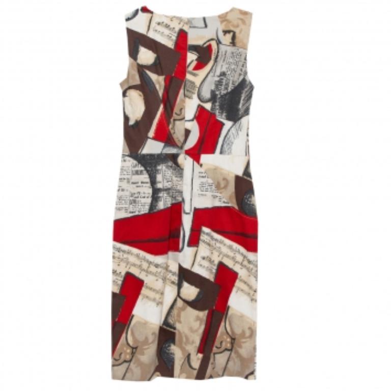 Oscar de la Renta Brown Musical Printed Cotton Sleeveless Sheath Dress S In Good Condition For Sale In Dubai, Al Qouz 2