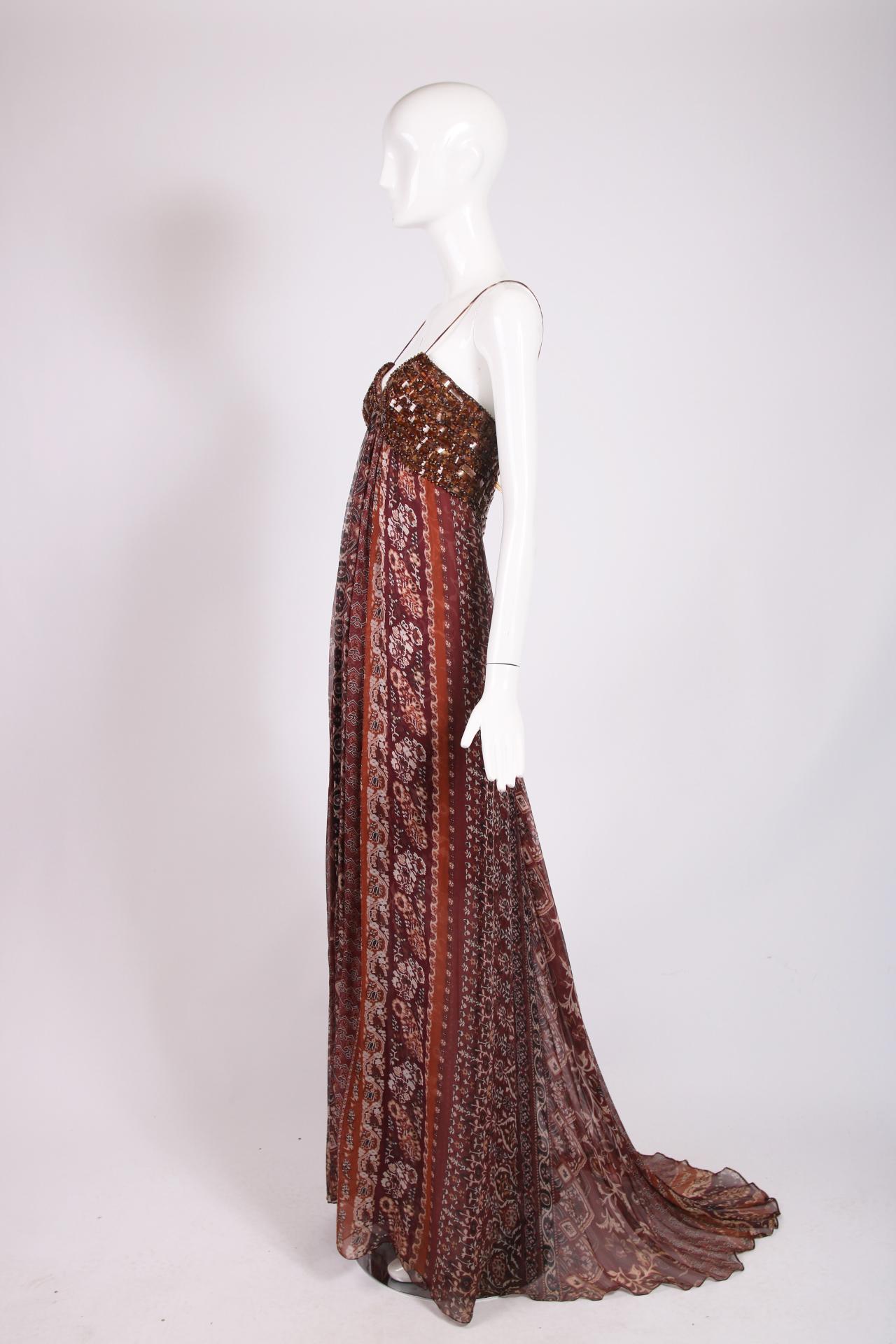 Oscar De La Renta Brown Printed & Beaded Strapless Evening Gown In Excellent Condition In Studio City, CA