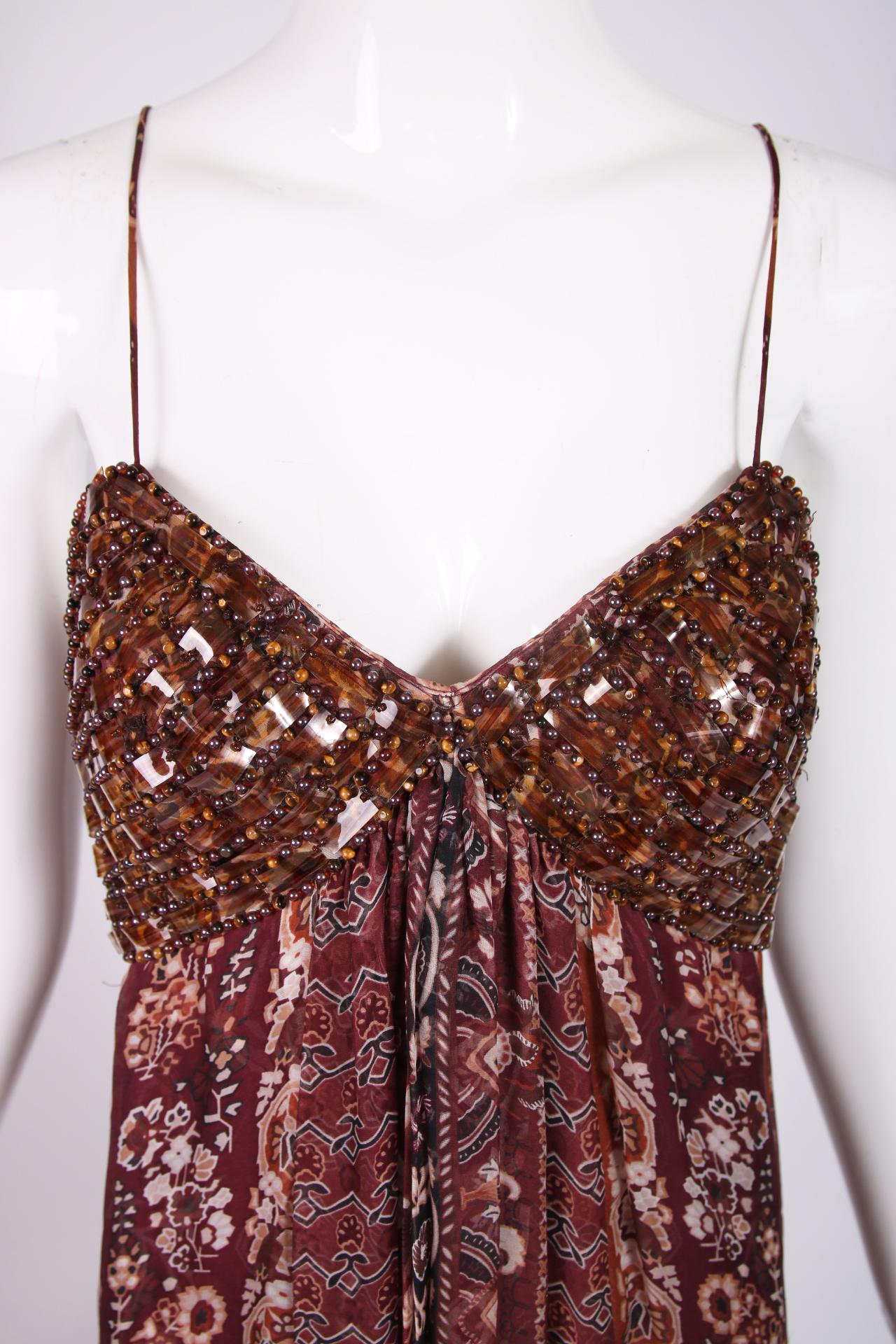 Women's Oscar De La Renta Brown Printed & Beaded Strapless Evening Gown