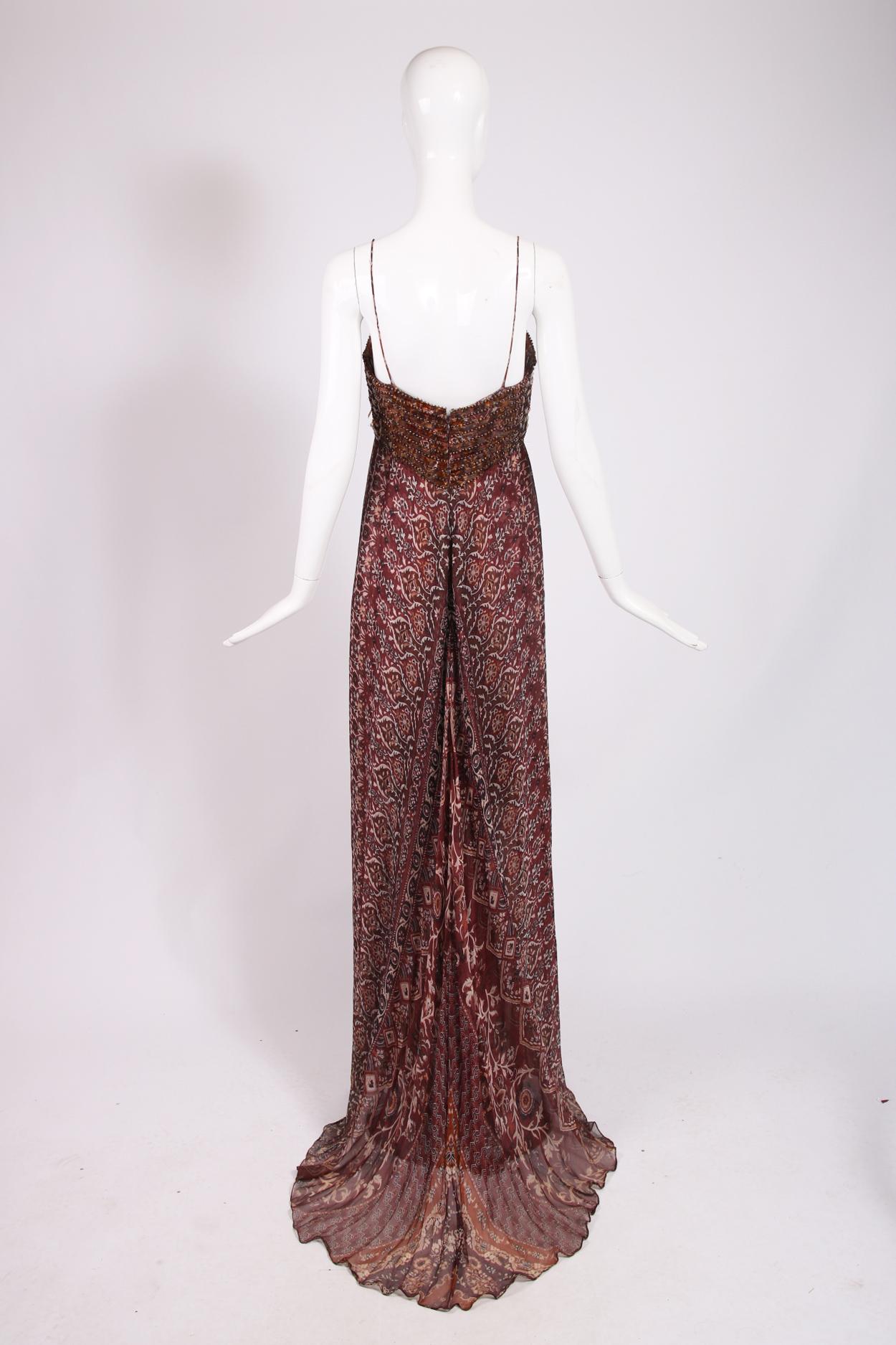 Oscar De La Renta Brown Printed & Beaded Strapless Evening Gown 1