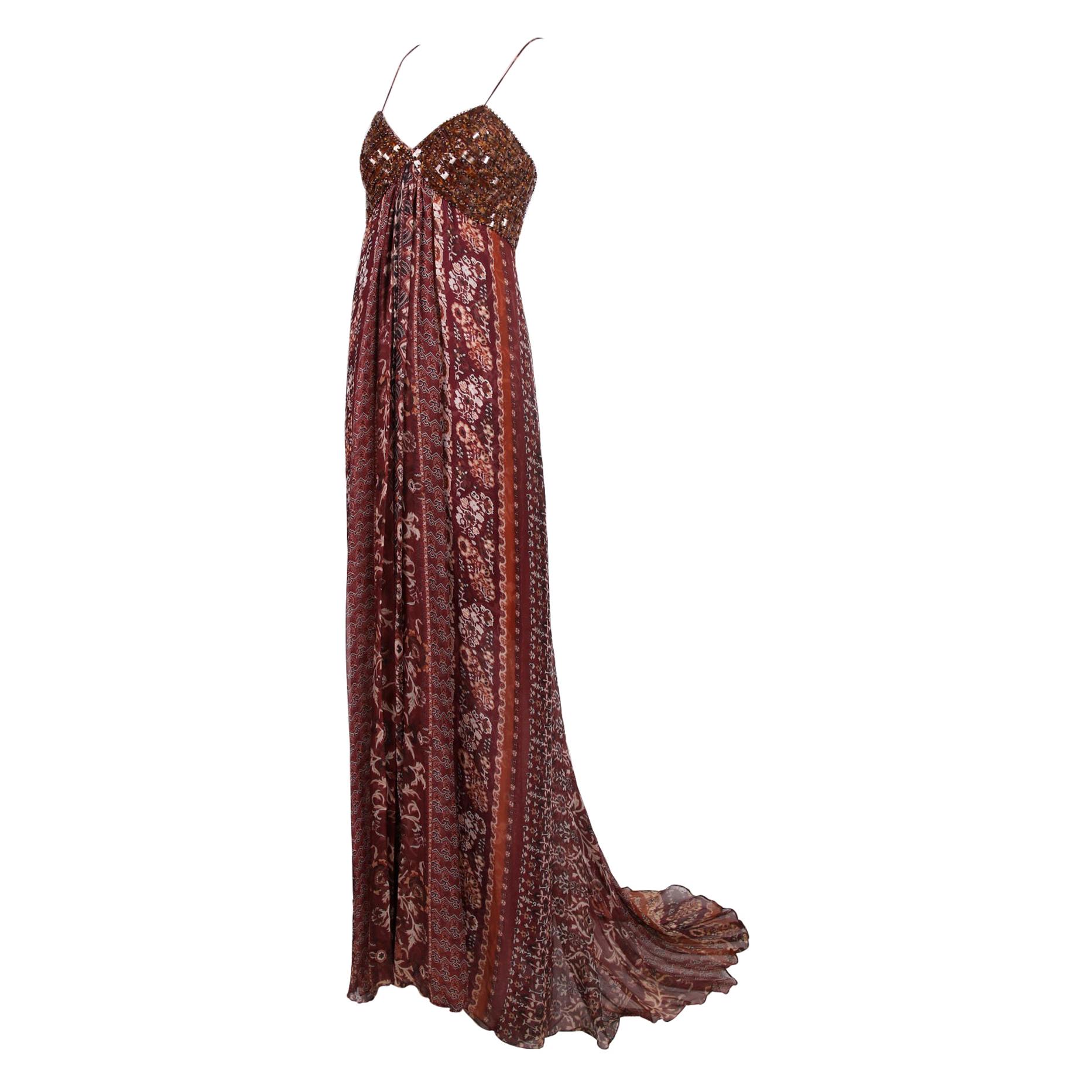 Oscar De La Renta Brown Printed & Beaded Strapless Evening Gown