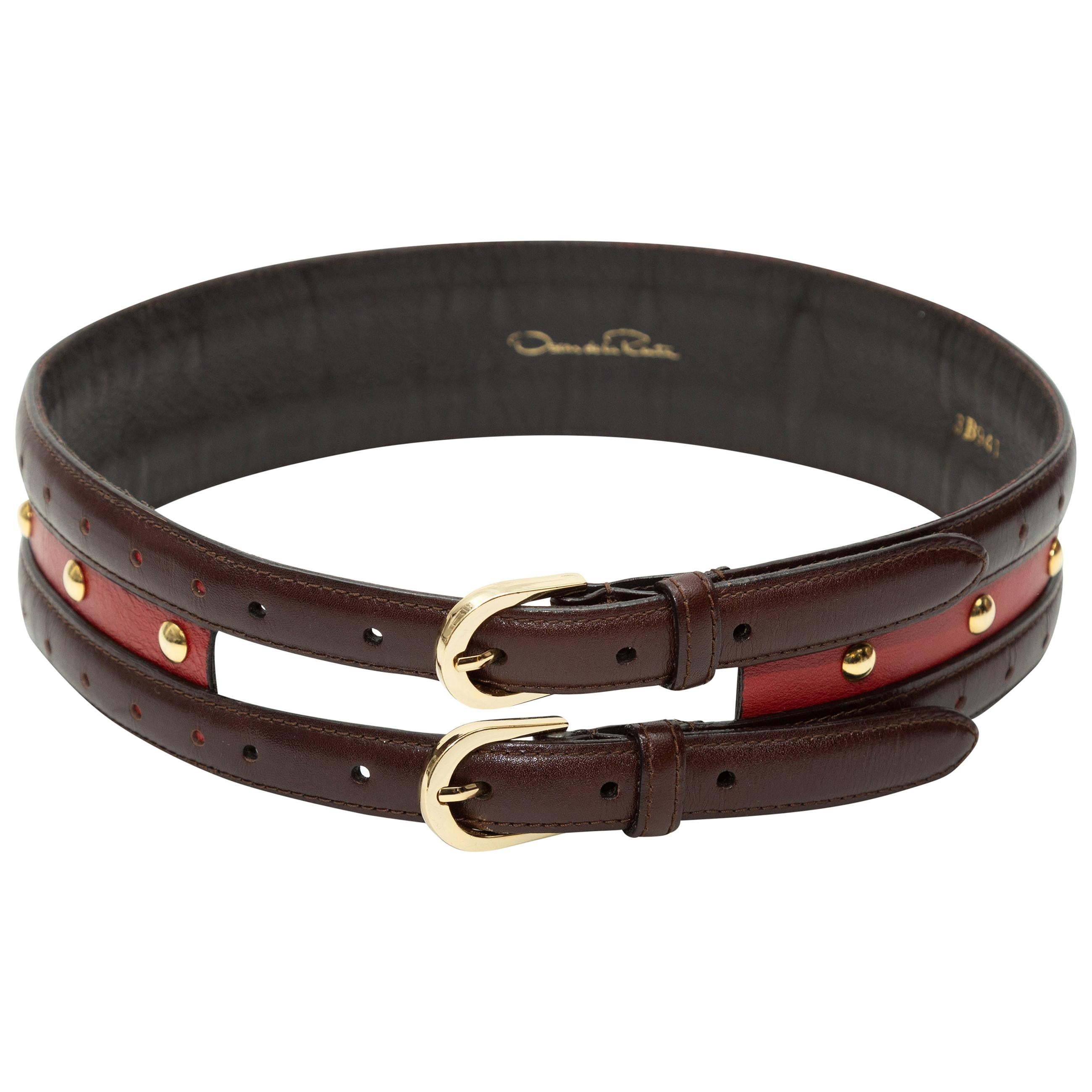 Oscar de la Renta Brown & Red Leather Studded Belt