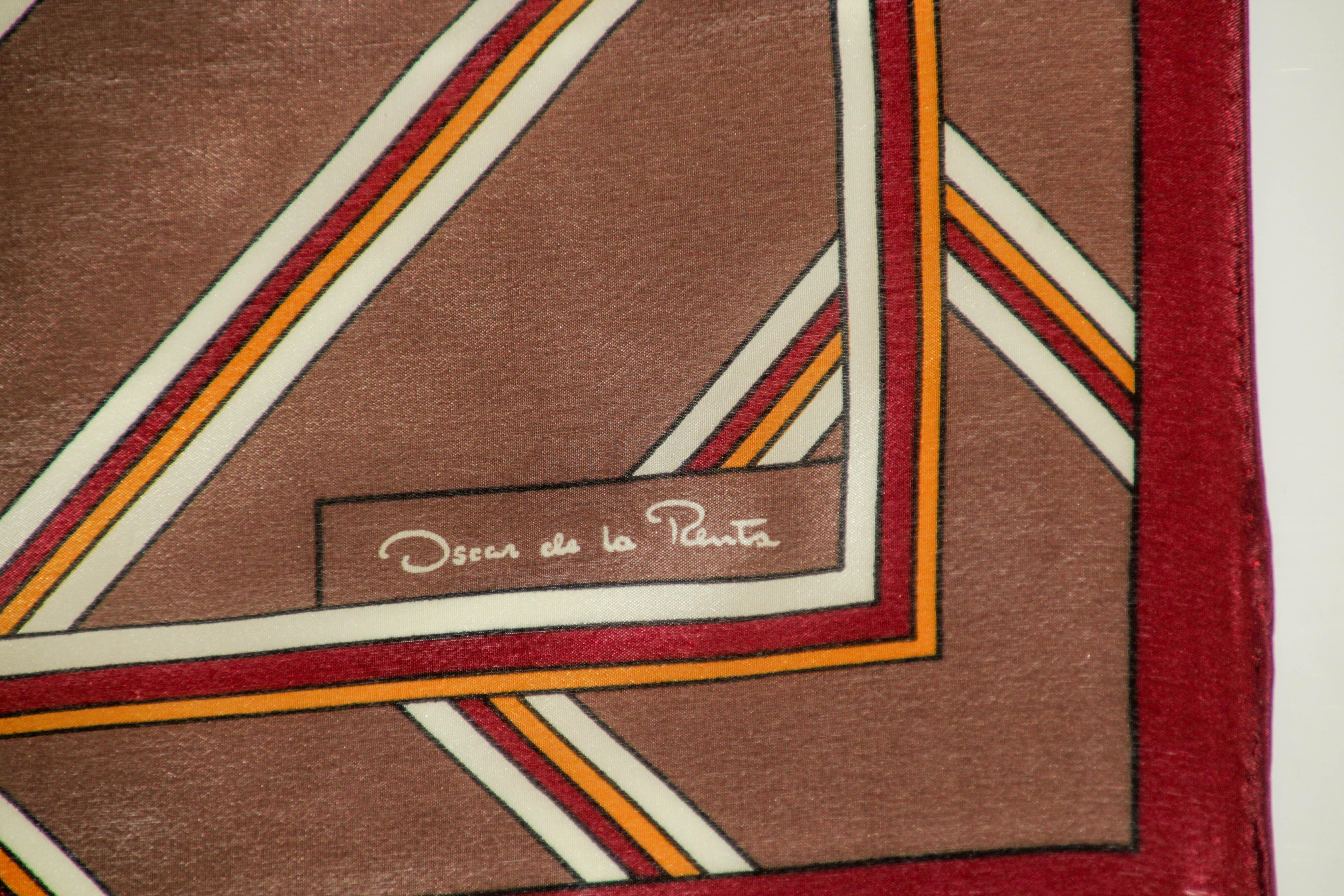 Women's or Men's Oscar de la Renta Brown Silk Scarf Pocket Square Handkerchief For Sale