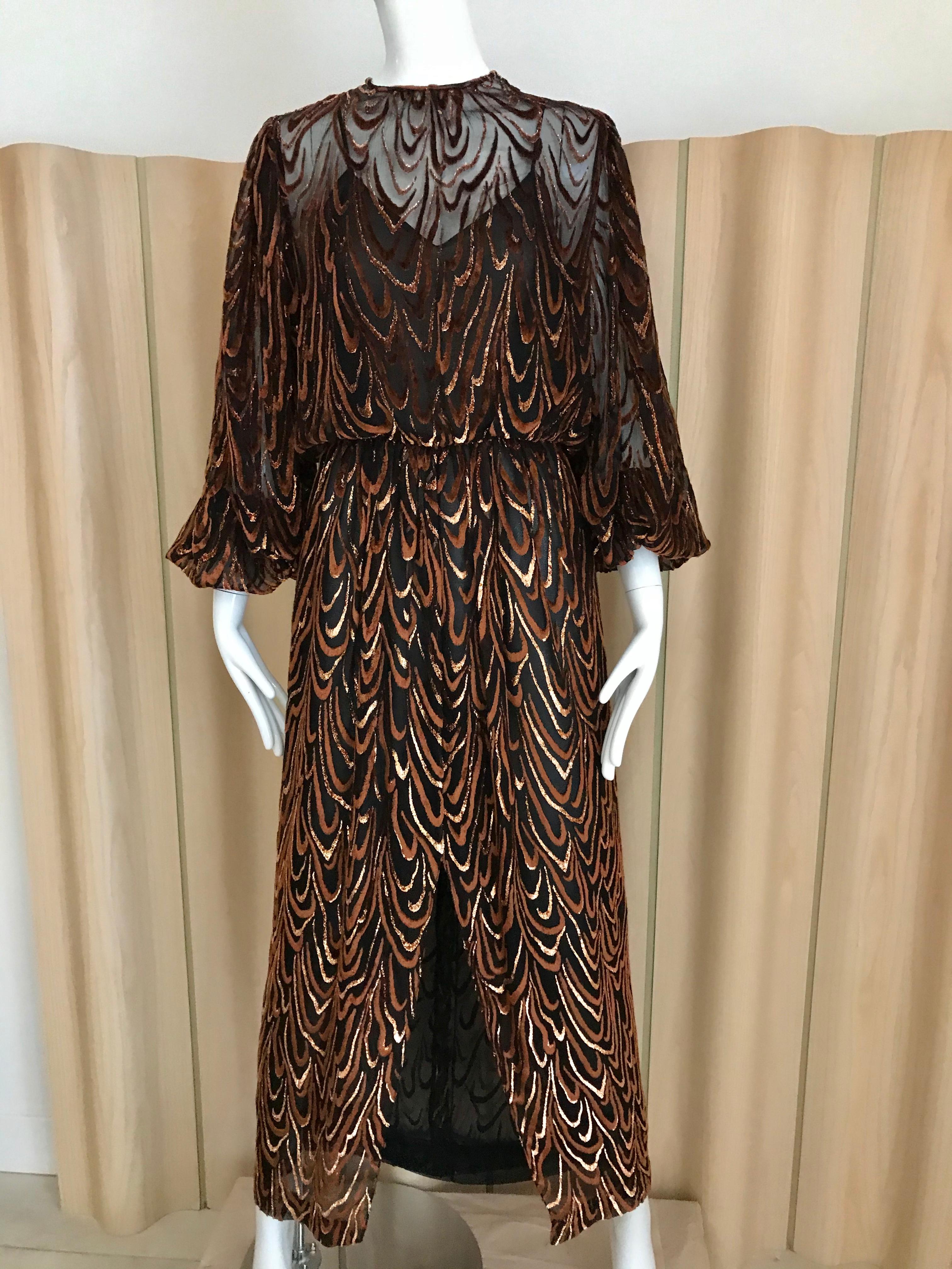 Brown Vintage 1980s Oscar de la renta brown silk velvet devore long sleeve dress For Sale