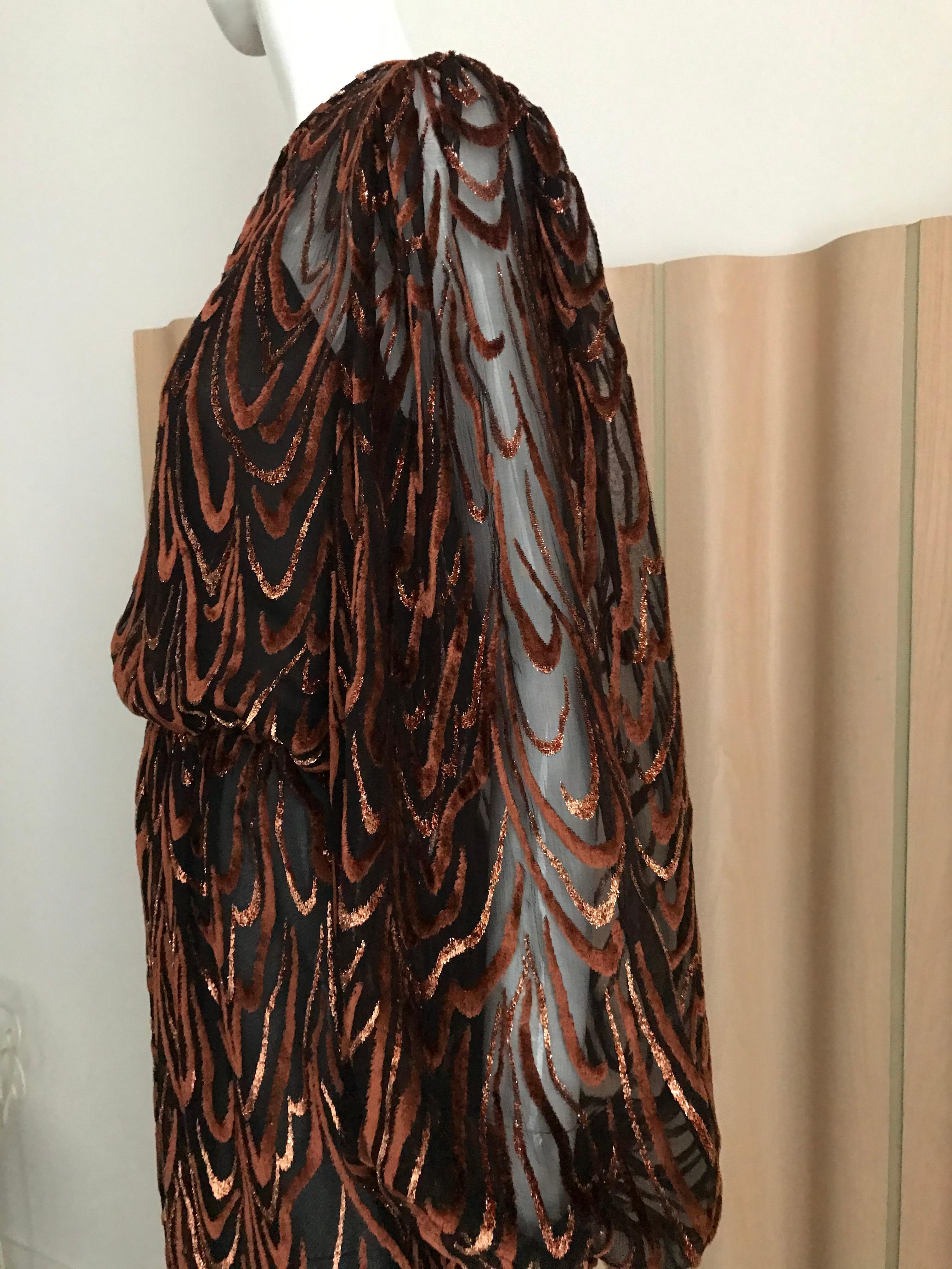 Vintage 1980s Oscar de la renta brown silk velvet devore long sleeve dress For Sale 1