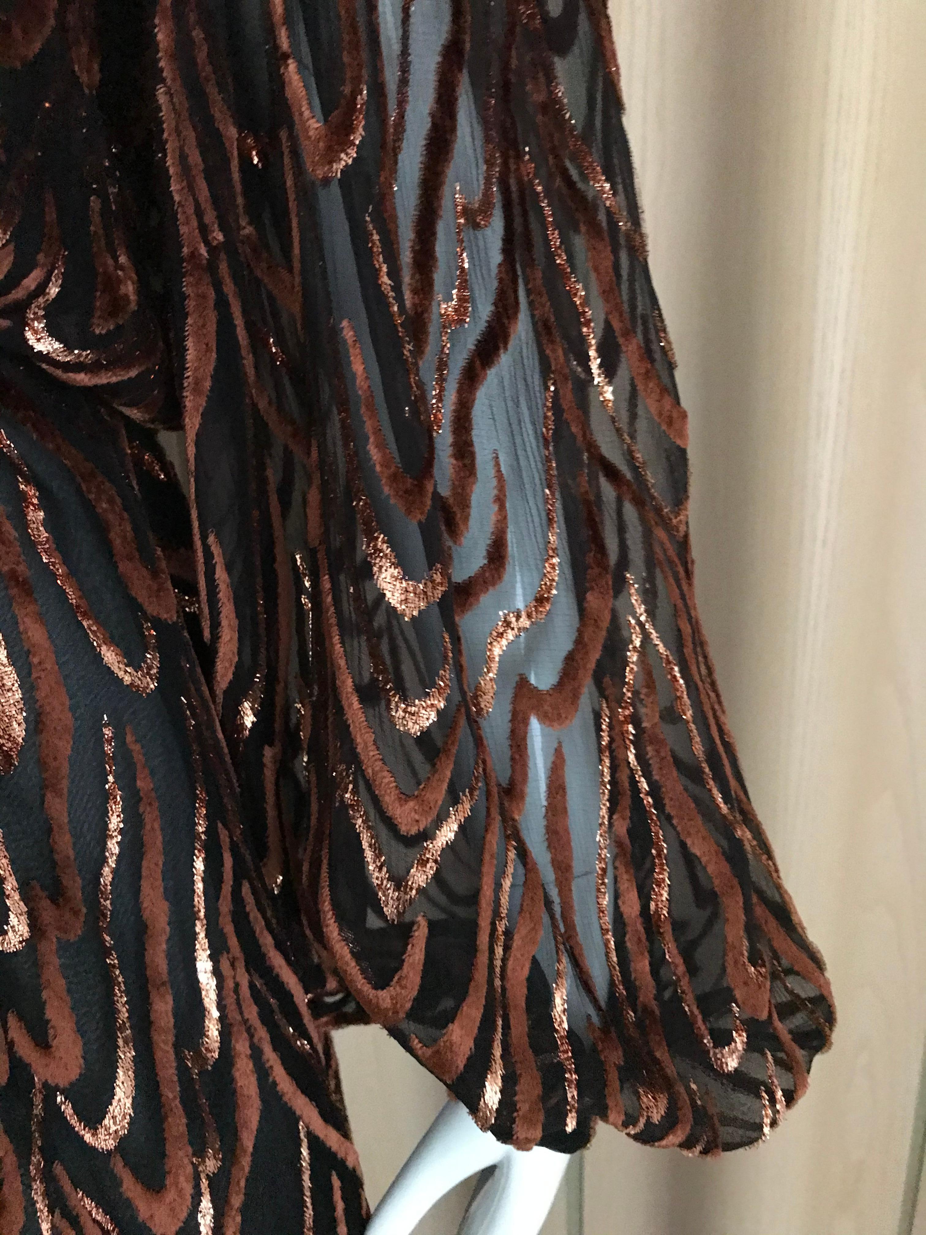 Vintage 1980s Oscar de la renta brown silk velvet devore long sleeve dress For Sale 2
