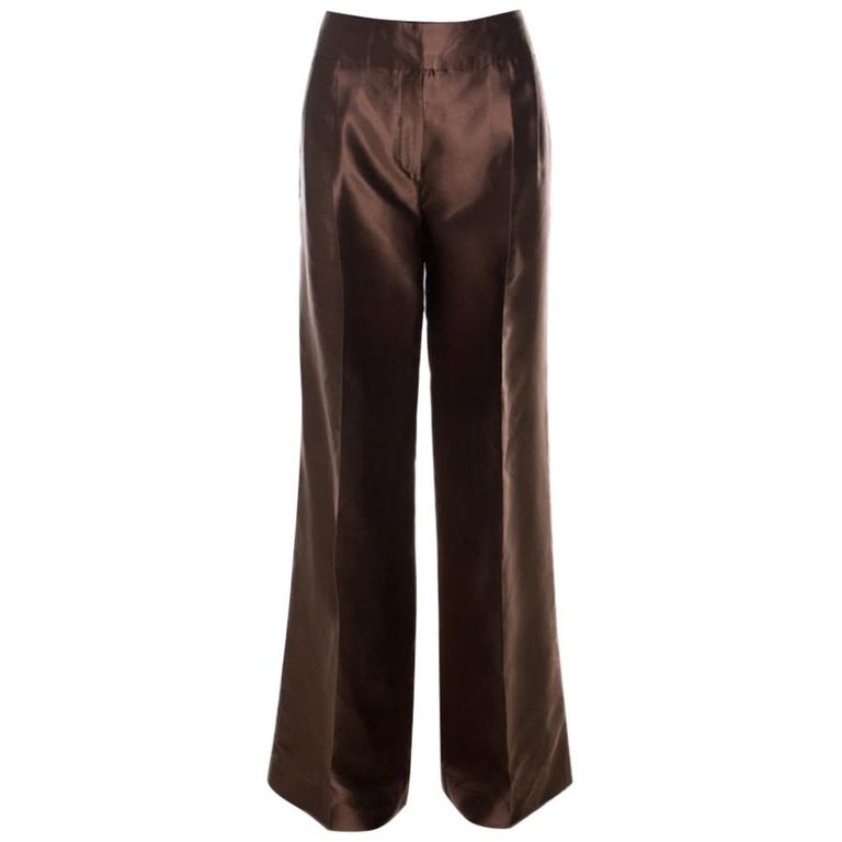 Oscar de la Renta Brown Silk Wide Leg Trousers L For Sale at 1stDibs | brown  silk pants, brown silk trousers