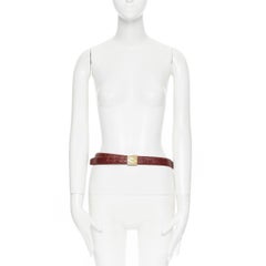 OSCAR DE LA RENTA brown stamped mock croc gold logo buckle belt 32"-36"