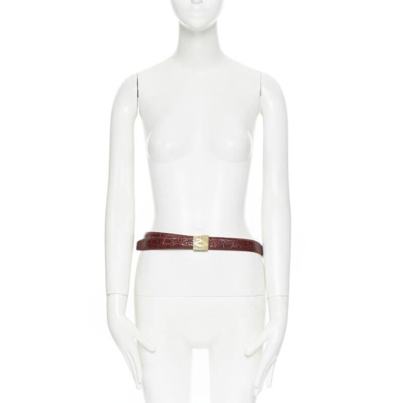 Brown OSCAR DE LA RENTA brown stamped mock croc gold logo buckle belt 32