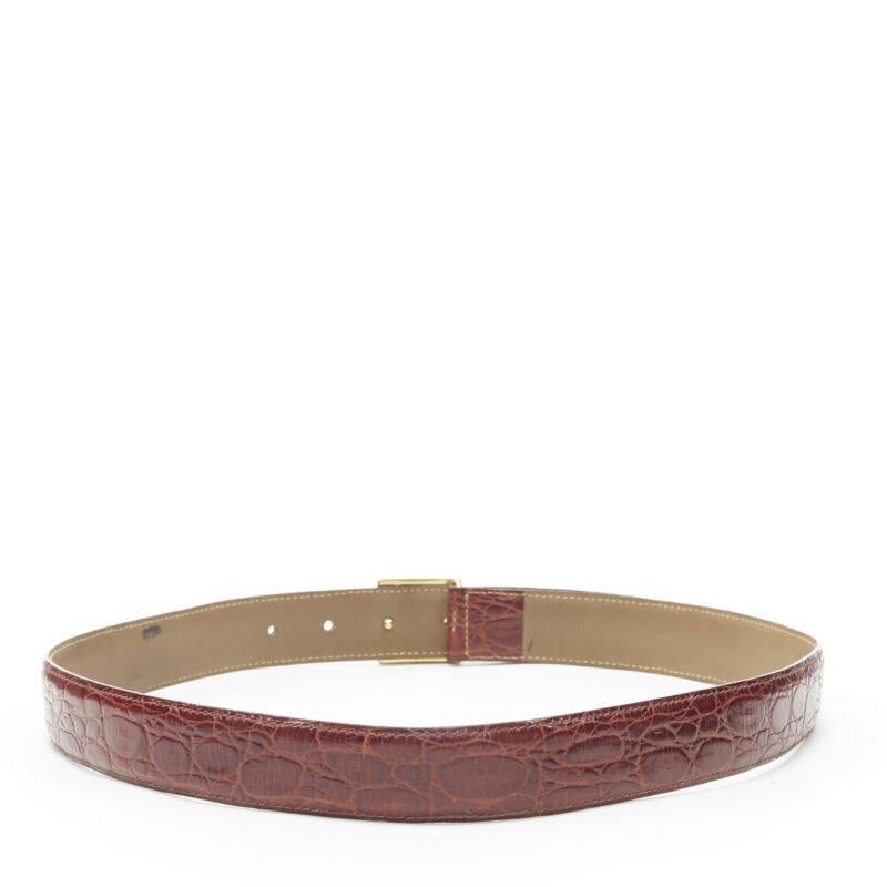 Women's OSCAR DE LA RENTA brown stamped mock croc gold logo buckle belt 32