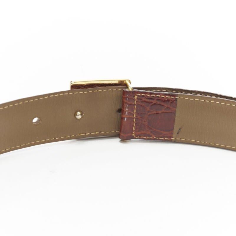 OSCAR DE LA RENTA brown stamped mock croc gold logo buckle belt 32