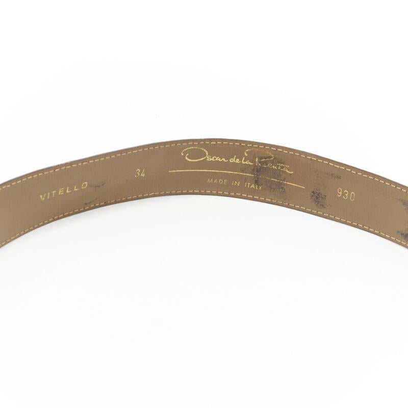 OSCAR DE LA RENTA brown stamped mock croc gold logo buckle belt 32