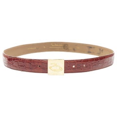 OSCAR DE LA RENTA brown stamped mock croc gold logo buckle belt 32"-36"