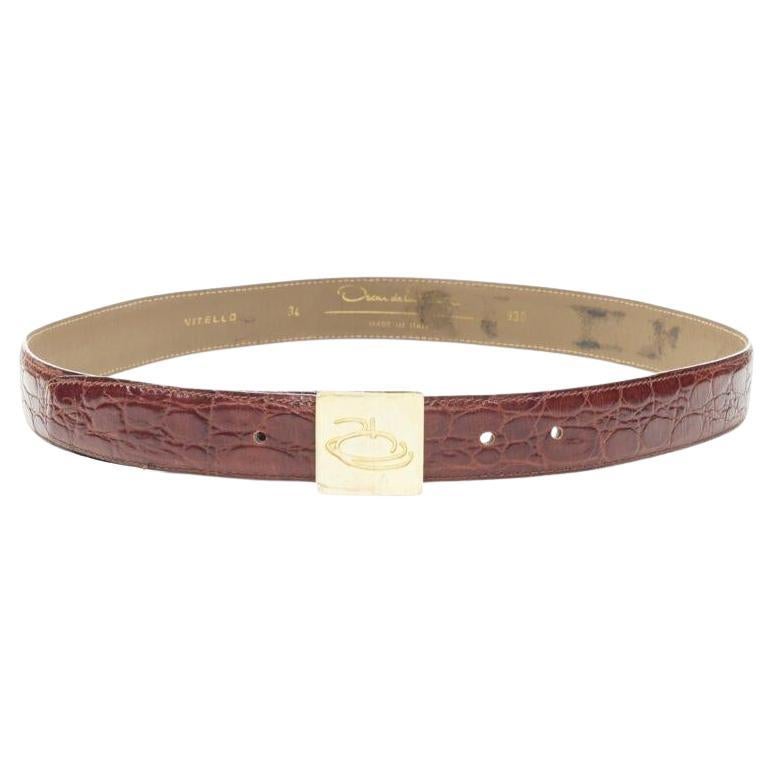 OSCAR DE LA RENTA brauner gestempelter Mock-Croc-Gürtel mit goldener Logo-Schnalle 32"-36"