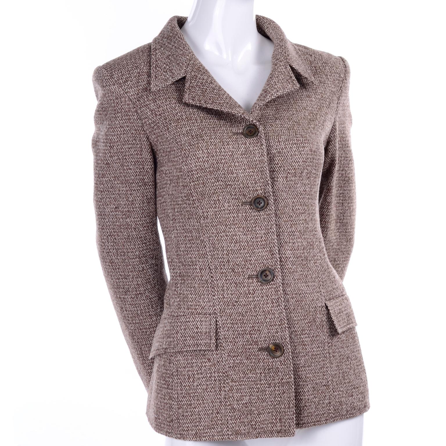 Gray Oscar de la Renta Brown Tweed Blazer Jacket With Pleated Back Demi Peplum Size 8