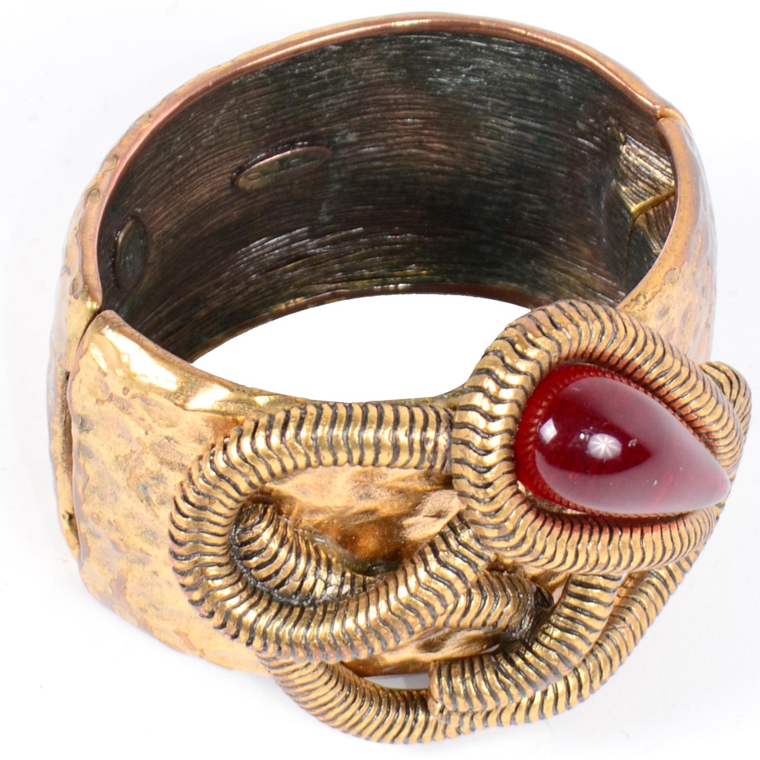 Oscar de la Renta Brutalist Style Vintage Clamper Bracelet w Teardrop Cabochon 4