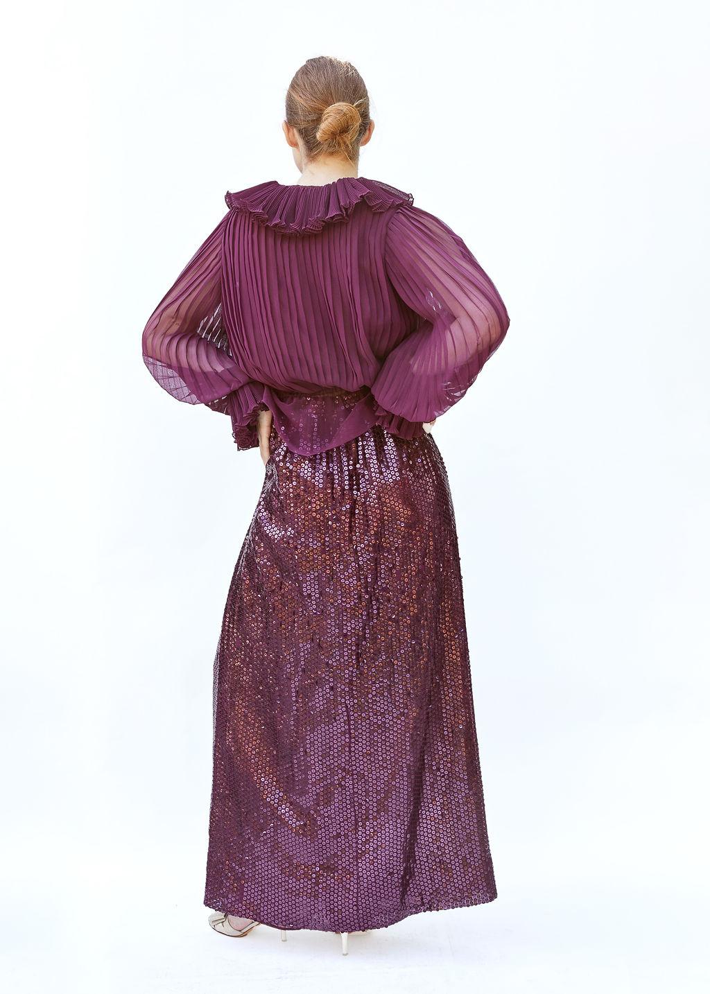Brown Oscar De La Renta Burgundy Sequin Skirt & Pleated Peplum Blouse Set For Sale