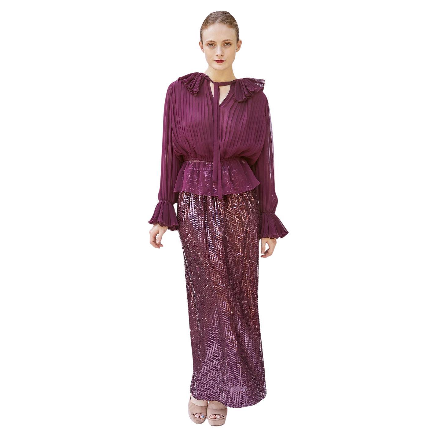 Oscar De La Renta Burgundy Sequin Skirt & Pleated Peplum Blouse Set For Sale