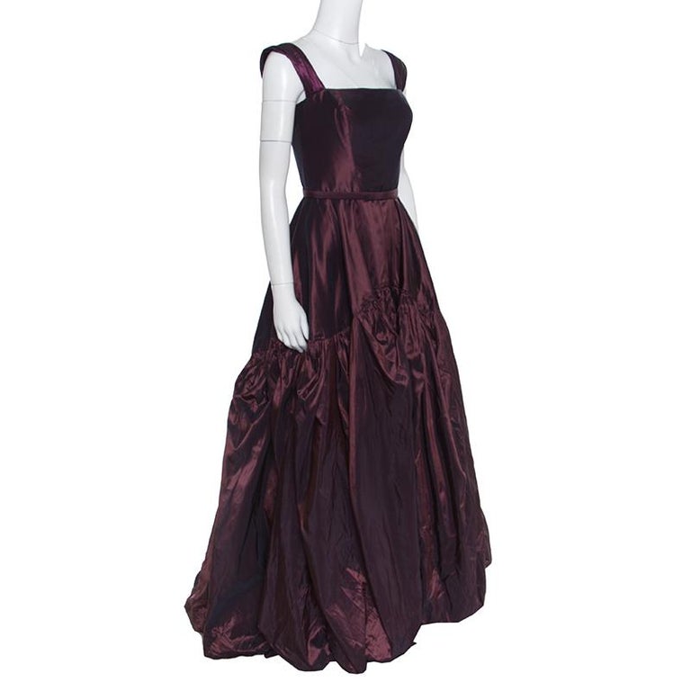 Oscar de la Renta Burgundy Silk Tiered Belted Sleeveless Gown S at 1stDibs