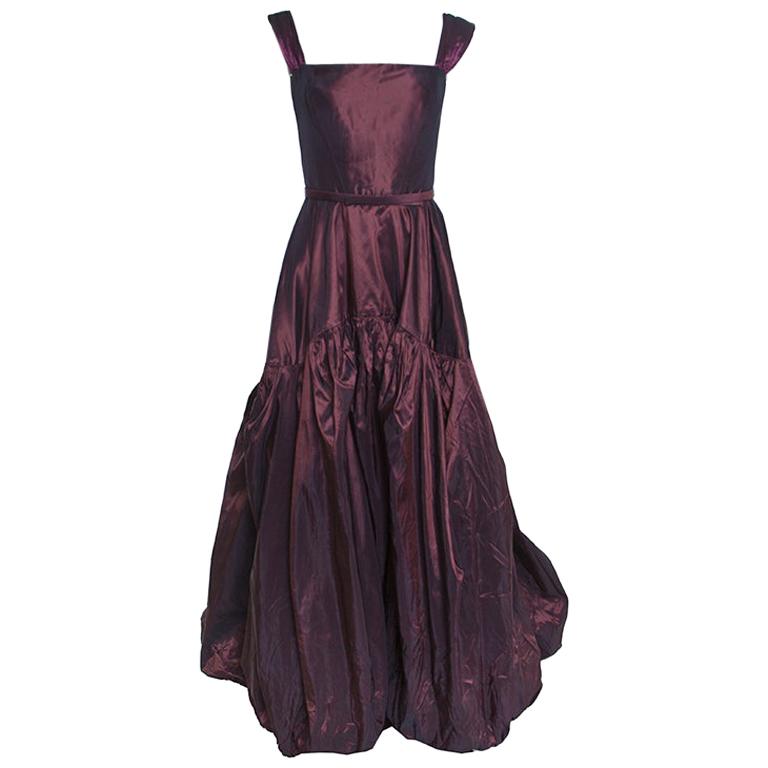 Oscar de la Renta Burgundy Silk Tiered Belted Sleeveless Gown S